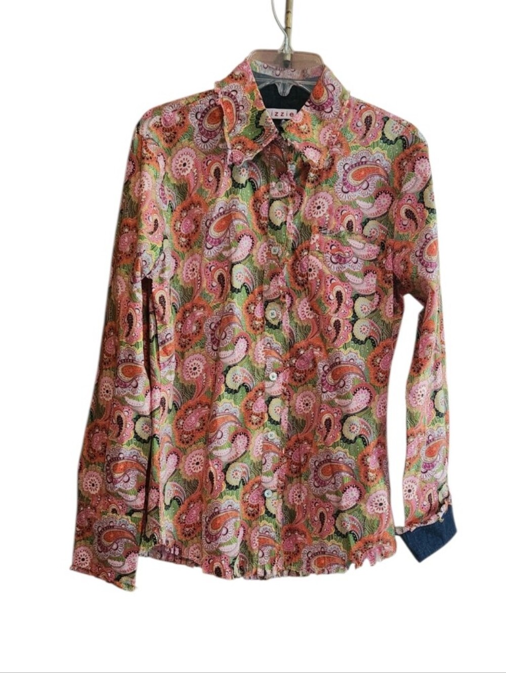 Tizzie Women's Pink Paisley Button-Up Blouse Fringe Trim